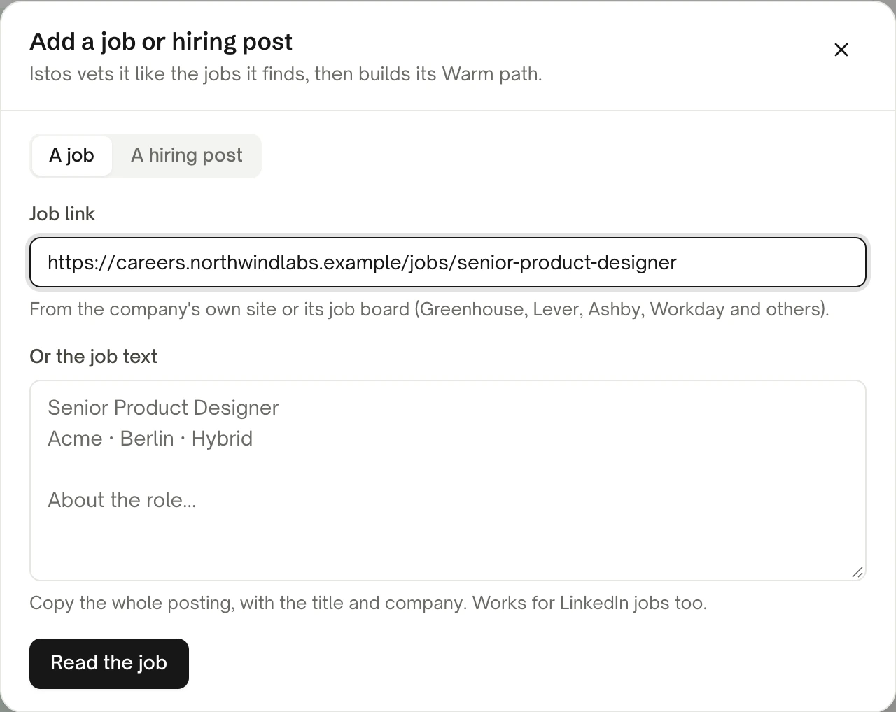 The Add a job or hiring post dialog in Istos, on demo data. The A job tab is open, with a company careers link typed into Job link, a box for the job text underneath, and a Read the job key.