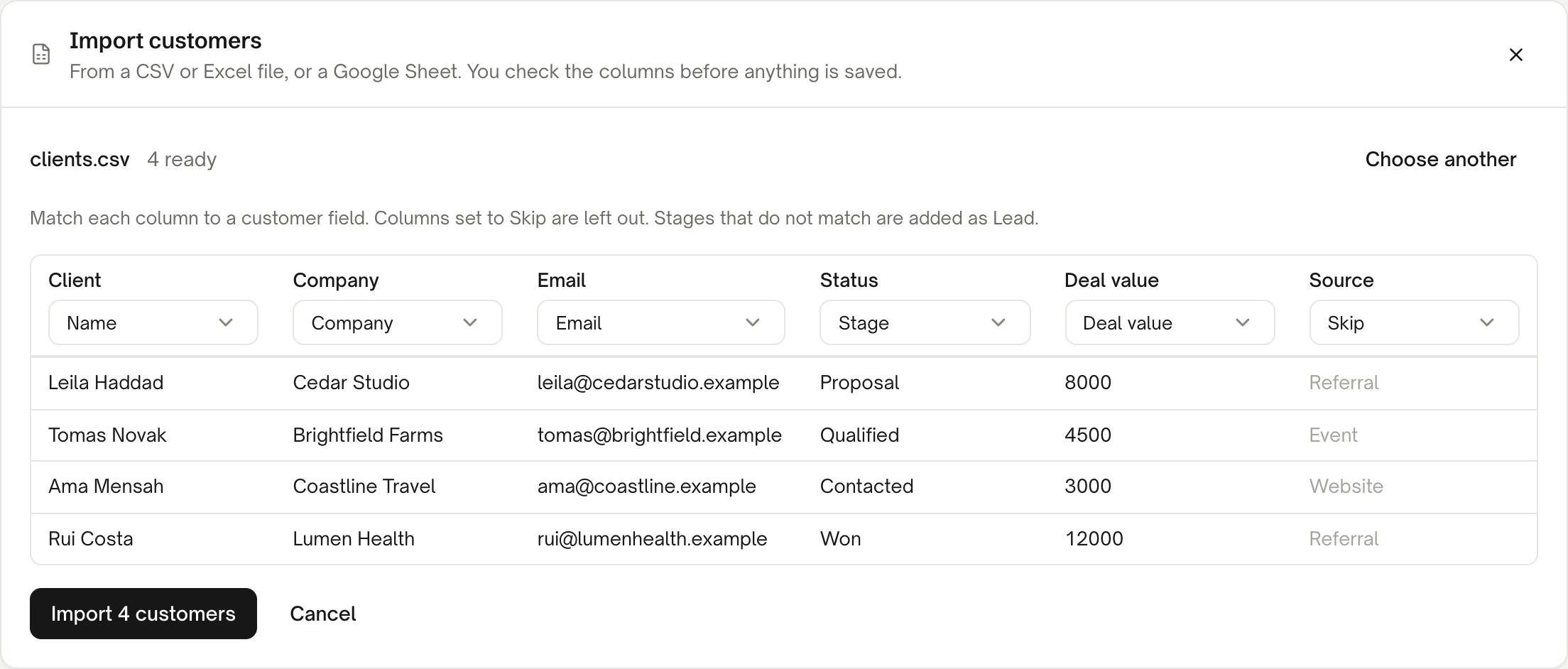 The Import customers card in Istos on demo data, with a fictional file clients.csv loaded and 4 ready. Each column has a field picker: Client is matched to Name, Company to Company, Email to Email, Status to Stage, Deal value to Deal value, and Source is set to Skip. The first rows show four fictional clients, and the key reads Import 4 customers.