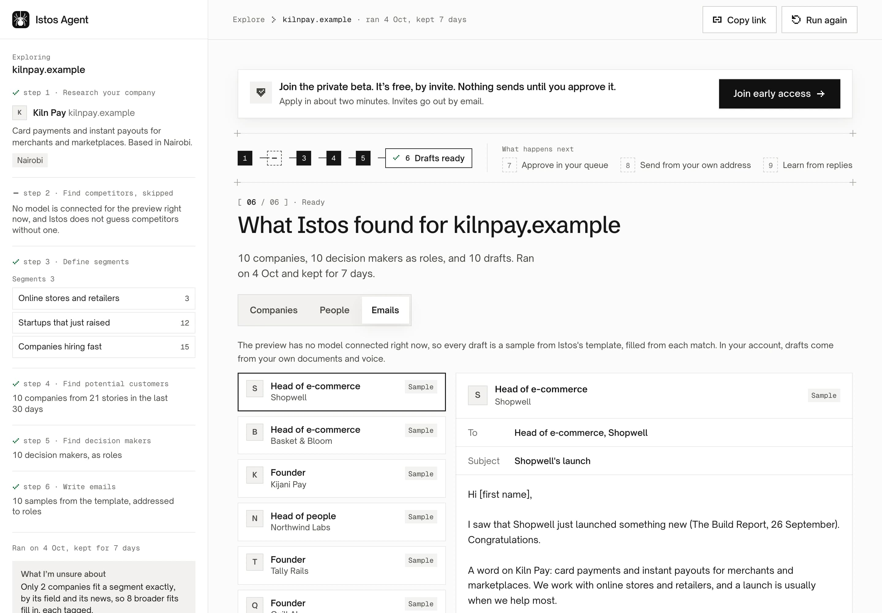 A finished preview for the fictional company kilnpay.example on demo data. The left rail lists each step: step 1 found Kiln Pay, card payments and instant payouts, based in Nairobi; step 2, find competitors, was skipped because no model is connected; step 3 defined three segments. The main column says What Istos found for kilnpay.example, 10 companies, 10 decision makers as roles and 10 drafts, with tabs for Companies, People and Emails, and a list of drafts each marked Sample.