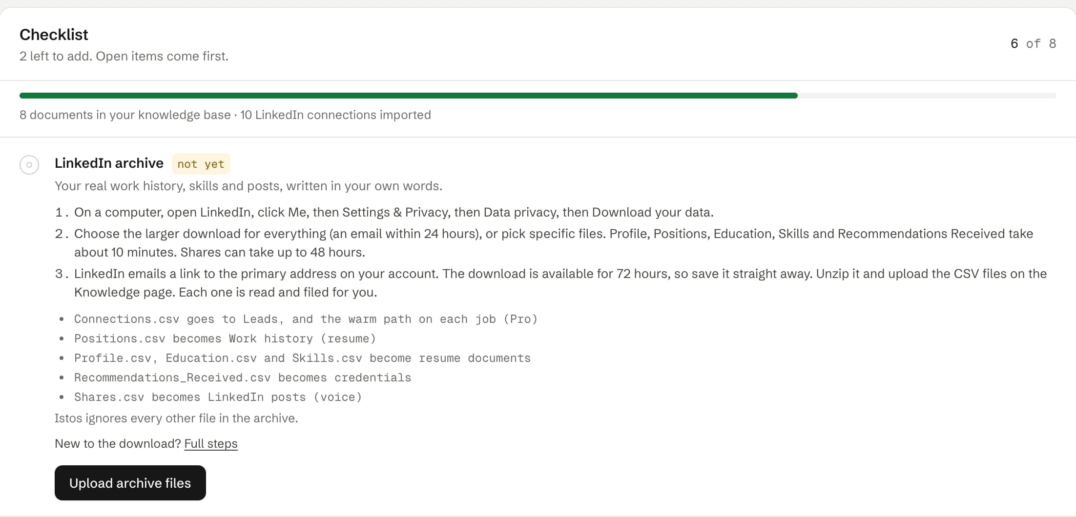 The Make Istos sound like you checklist in Istos, on demo data. The LinkedIn archive item lists three steps that follow LinkedIn's download flow, which CSV files Istos reads and where each goes, a Full steps link and an Upload archive files key.