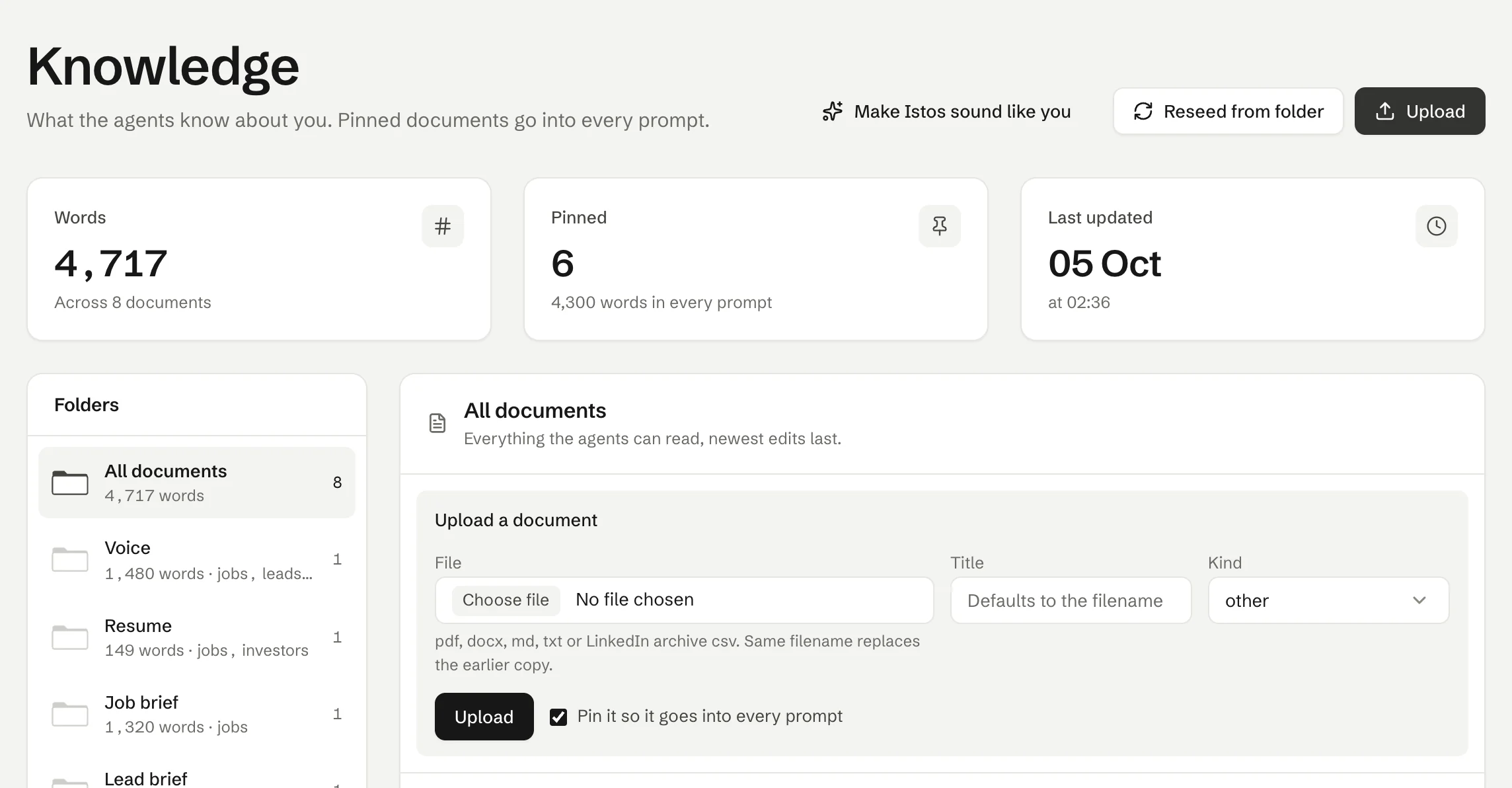 The Knowledge page in Istos on demo data, with the Upload a document form open: a file field that accepts pdf, docx, md, txt or LinkedIn archive csv, a title field, a kind picker, an Upload key and a ticked option to pin the document.