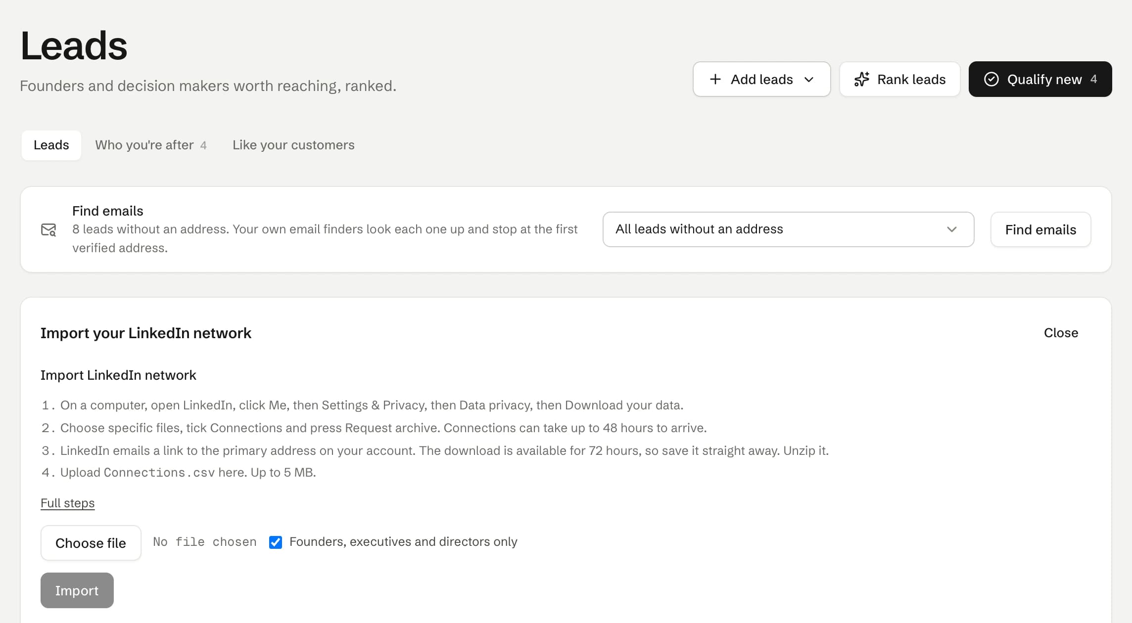 The Leads page in Istos on demo data, with the Import your LinkedIn network panel open. It shows four steps that follow LinkedIn's download flow, a Full steps link, a Choose file key, a ticked option for founders, executives and directors only, and an Import key.