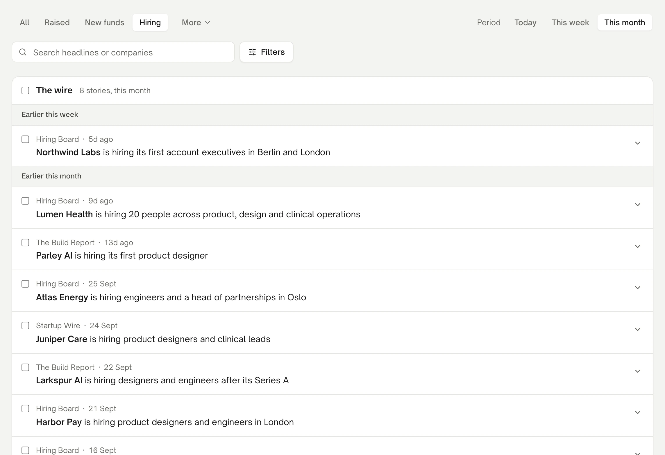 The Istos News page on demo data, filtered to Hiring for this month. The wire lists 8 stories, including Northwind Labs hiring its first account executives in Berlin and London, Lumen Health hiring 20 people across product, design and clinical operations, and Parley AI hiring its first product designer.