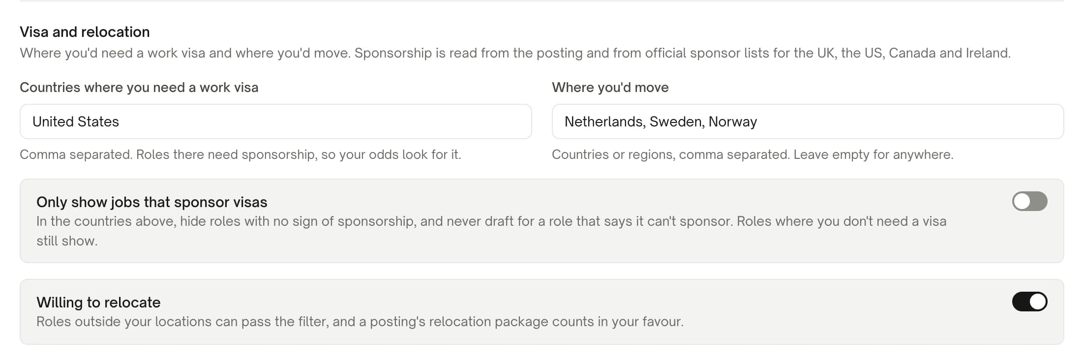 The Visa and relocation group in Istos Job filters, on demo data. Countries where you need a work visa is set to United States. Where you'd move is Netherlands, Sweden, Norway. Only show jobs that sponsor visas is off and Willing to relocate is on.