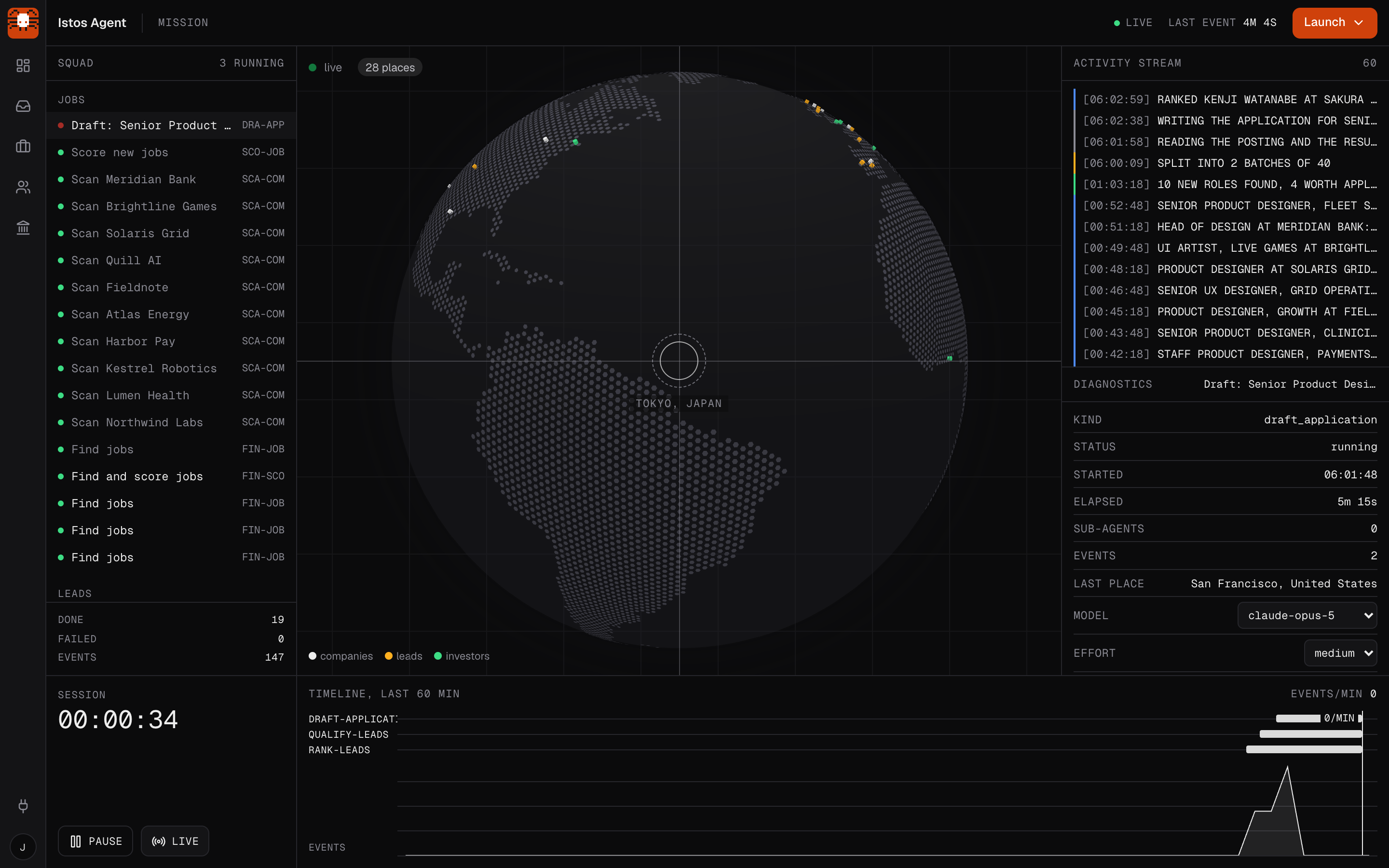 The Mission view, a globe with agents working